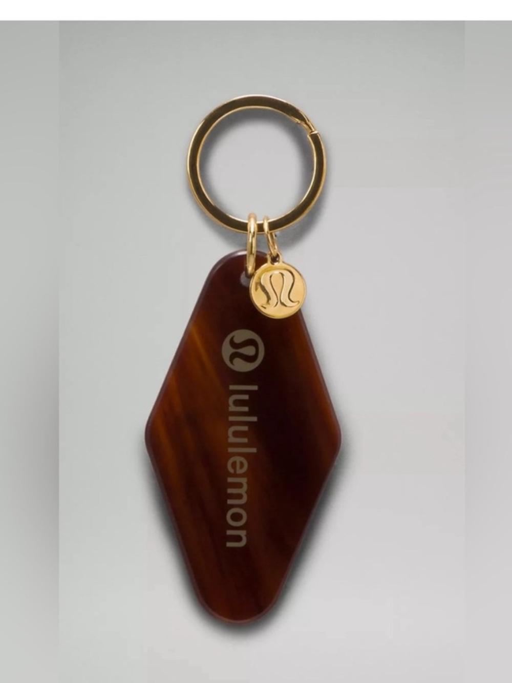 Lululemon Brown Tortoiseshell Logo Keychain with Gold Ring Live in the Moment